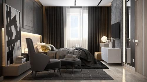 Спальня в темном сером цвете в желтыми акцентами. 03