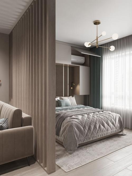 Красивый, современный интерьер спальни - гостиной площадью 17 кв. 04