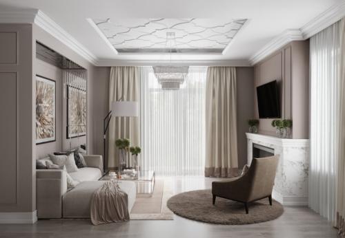 Современная кухня и гостиная с камином в доме 150 кв. 02