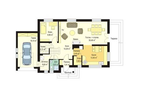 Элегантный коттедж.  Проект дома с камином в гостиной. 02