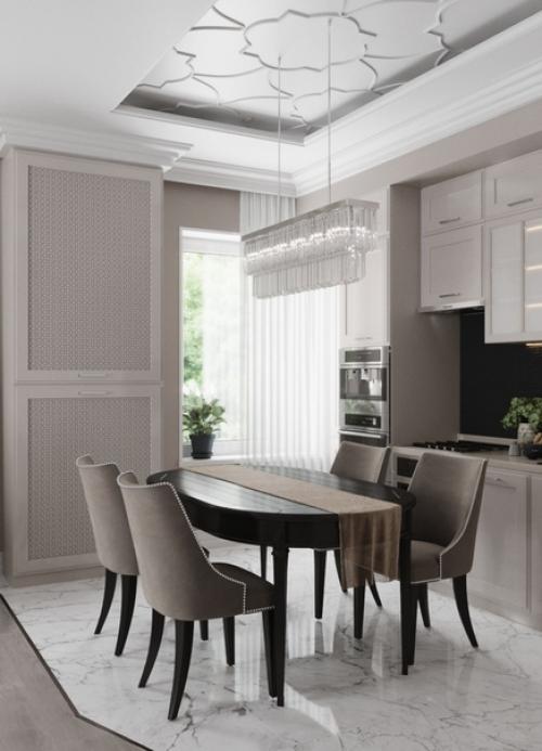 Современная кухня и гостиная с камином в доме 150 кв. 01