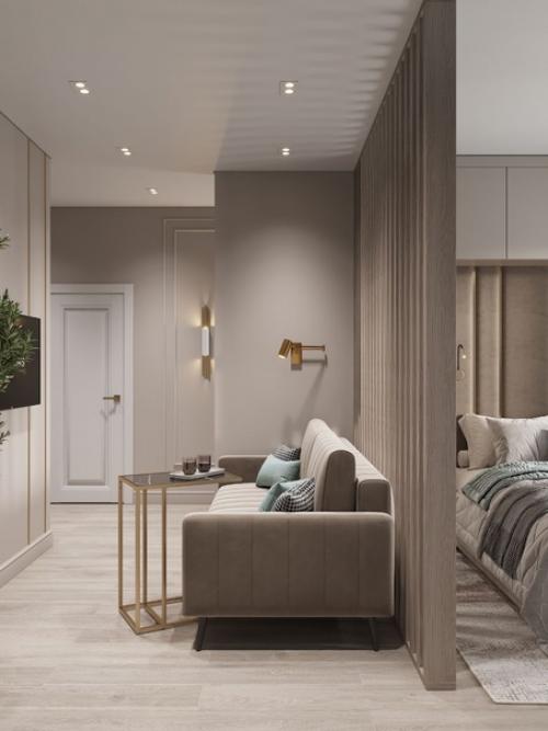 Красивый, современный интерьер спальни - гостиной площадью 17 кв. 06