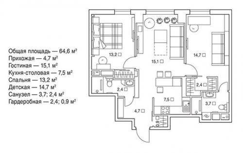 Дизайн - проект трехкомнатной квартиры 64, 6 кв. 07