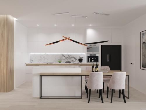 Кухня, гостиная и столовая зона.