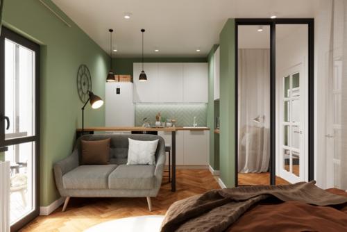 Интерьер с ретро мотивами и природными фактурами, в котором комфортно отдыхать, готовить и принимать гостей. 01