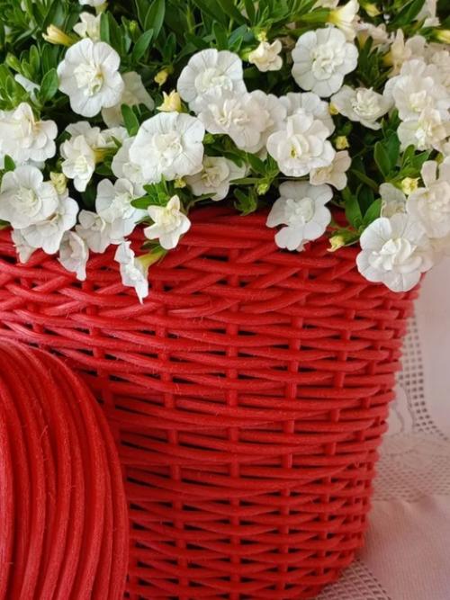 Белые и красные кашпо из ротанга создают яркий и гармоничный дуэт в интерьере. 02