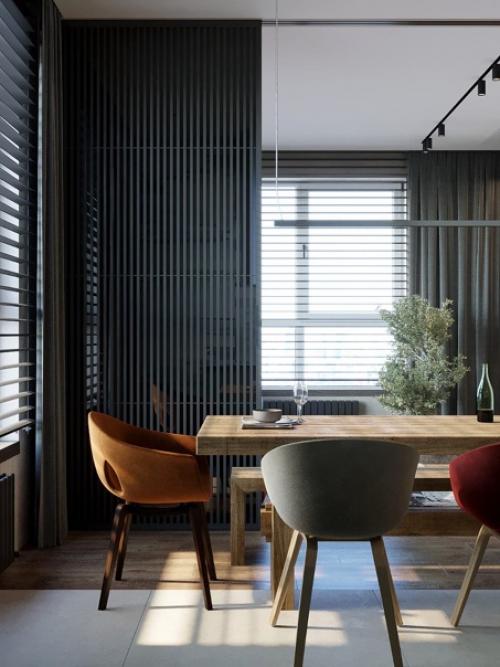 Интерьер квартиры, современный стиль, спокойные тона, диван как центр притяжения, с игрой цветов. 08