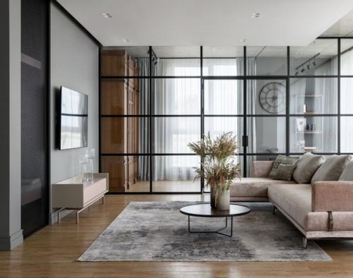 Интересное решение - перфорированная перегородка из прихожей в гостиную, которая пропускает свет, тем самым, делая входную зону светлее. 02