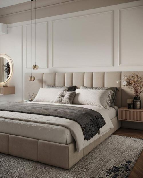 Спальня в бежевых оттенках с деревянными акцентами. 01