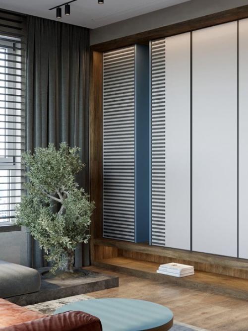 Интерьер квартиры, современный стиль, спокойные тона, диван как центр притяжения, с игрой цветов. 05