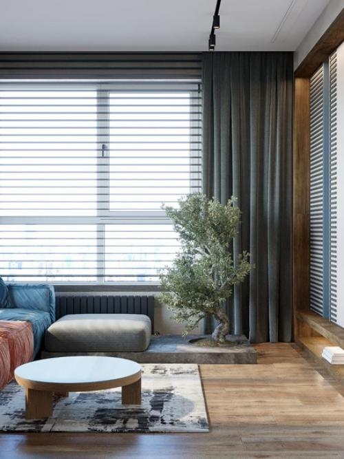 Интерьер квартиры, современный стиль, спокойные тона, диван как центр притяжения, с игрой цветов. 07