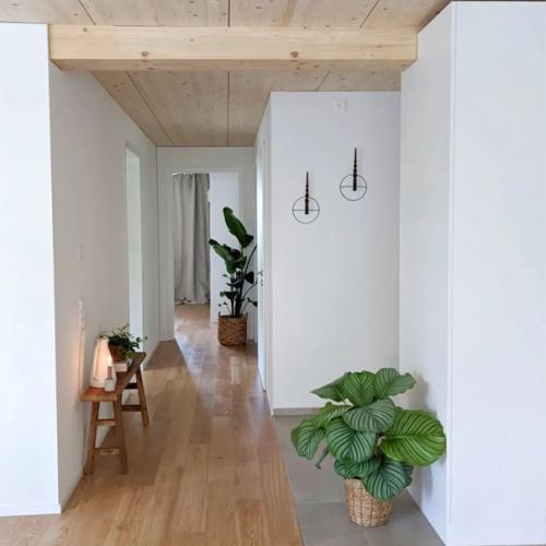 Кухня с наполовину окрашенными стенами и ковры в интерьере: современный дом с деревянным потолком в Турции. 04