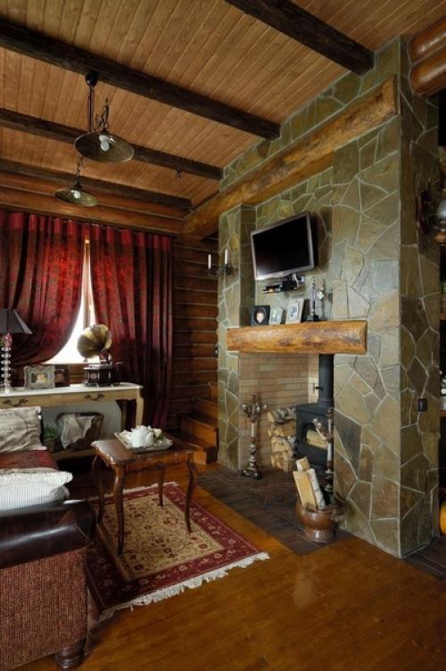 Уютный и очень атмосферный интерьер кухни - гостиной в загородном бревенчатом доме. 04