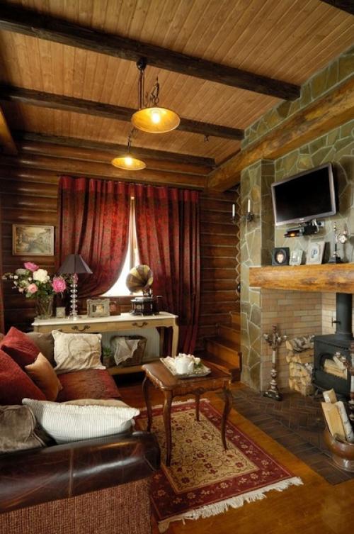 Уютный и очень атмосферный интерьер кухни - гостиной в загородном бревенчатом доме. 03