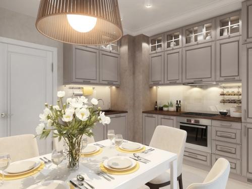 Кухня в светлом сером цвете.  