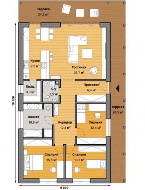 Фасады и планировка одноэтажного дома c террасой. 06