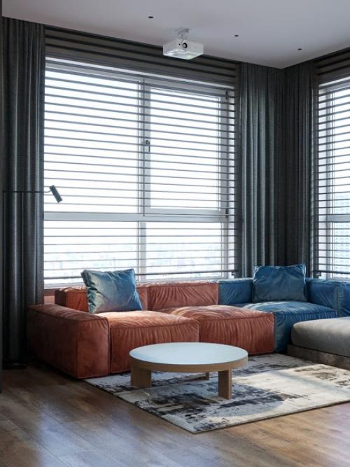 Интерьер квартиры, современный стиль, спокойные тона, диван как центр притяжения, с игрой цветов. 06