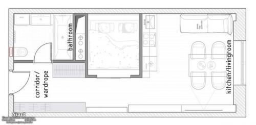 Интерьер прямоугольной студии 39 кв. 09