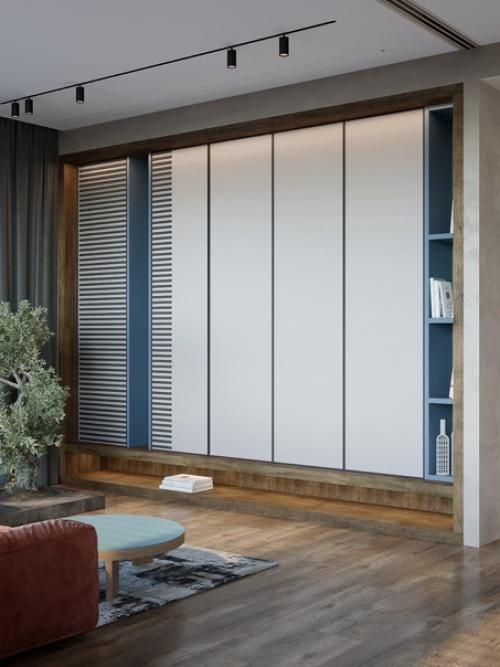 Интерьер квартиры, современный стиль, спокойные тона, диван как центр притяжения, с игрой цветов. 04