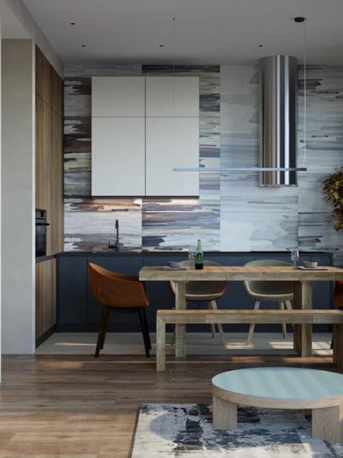 Интерьер квартиры, современный стиль, спокойные тона, диван как центр притяжения, с игрой цветов. 02