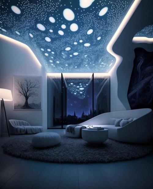 Архитектурный дизайнер Tim Fu вдохновился картиной ван Гога Звездная Ночь и создал интерьер через нейросеть в стиле данной картины. 07