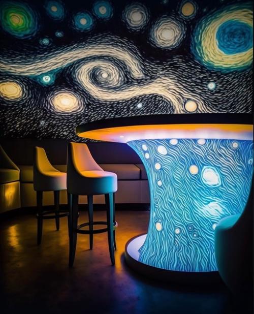 Архитектурный дизайнер Tim Fu вдохновился картиной ван Гога Звездная Ночь и создал интерьер через нейросеть в стиле данной картины. 03