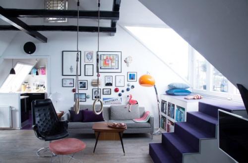 Стильный интерьер черно-белой мансарды. 01