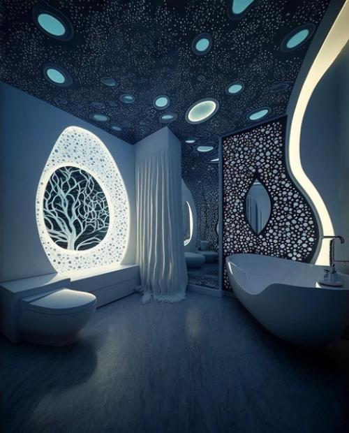 Архитектурный дизайнер Tim Fu вдохновился картиной ван Гога Звездная Ночь и создал интерьер через нейросеть в стиле данной картины. 01