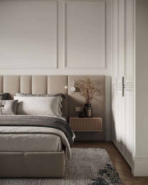 Спальня в бежевых оттенках с деревянными акцентами. 05