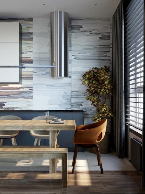 Интерьер квартиры, современный стиль, спокойные тона, диван как центр притяжения, с игрой цветов. 01