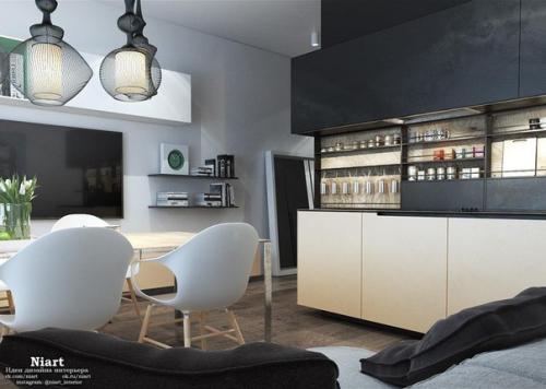 Интерьер прямоугольной студии 39 кв. 01