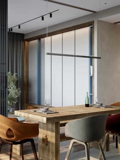 Интерьер квартиры, современный стиль, спокойные тона, диван как центр притяжения, с игрой цветов. 03