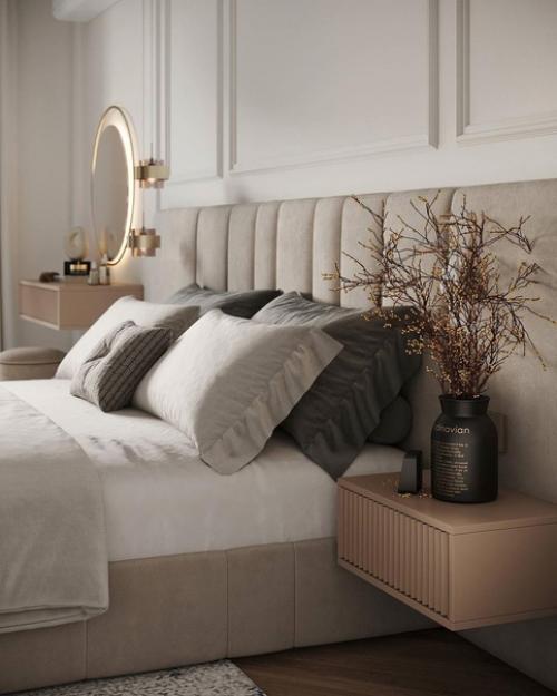 Спальня в бежевых оттенках с деревянными акцентами. 02