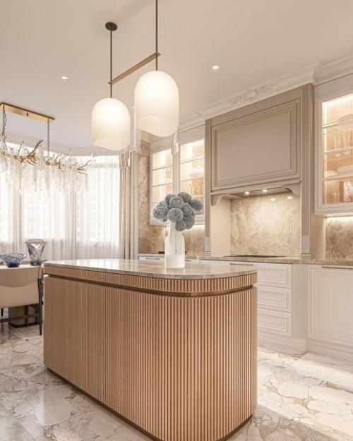 Кухня и гостиная, которые разделены красивой распашной дверью со стеклом. 02