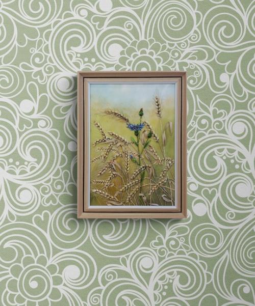 Композиция В поле написана акрилом на ткани и расшита лентами. 01