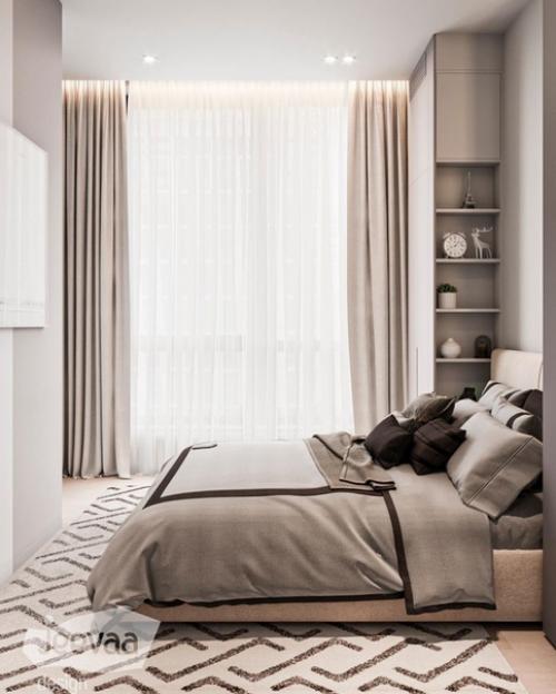 Интерьер небольшой спальни с высокими потолками. 02