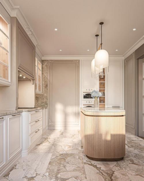 Кухня и гостиная, которые разделены красивой распашной дверью со стеклом. 01