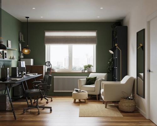 Интерьер однокомнатной квартиры в зеленых и бежевых тонах, площадью 46, 5 кв. 06