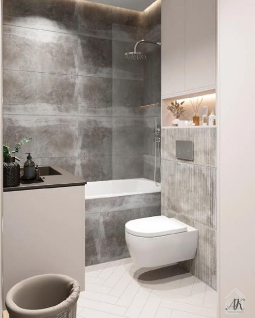 Чтобы создать неповторимый дизайн ванной порой достаточно использовать в отделке комнаты не одну модель и размер плитки, а несколько. 01