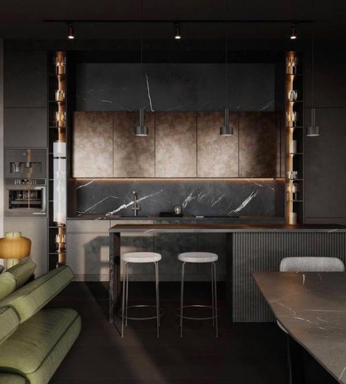 Интерьер кухни - гостиной в тёмных тонах - это стильное и элегантное решение для любого дома. 03