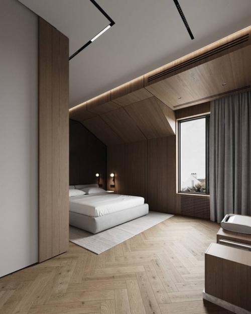 Спальня в лаконичном стиле и светлых тонах площадью 19 m. 02