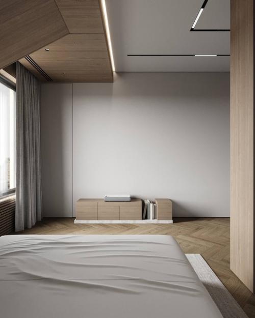 Спальня в лаконичном стиле и светлых тонах площадью 19 m. 05