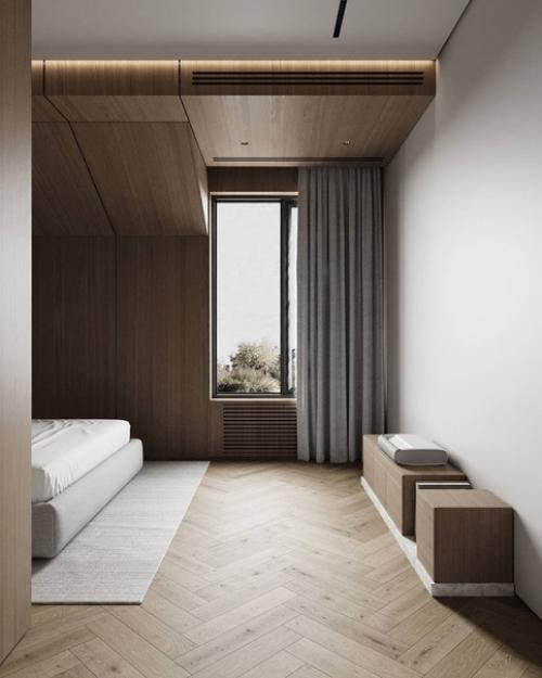 Спальня в лаконичном стиле и светлых тонах площадью 19 m. 06