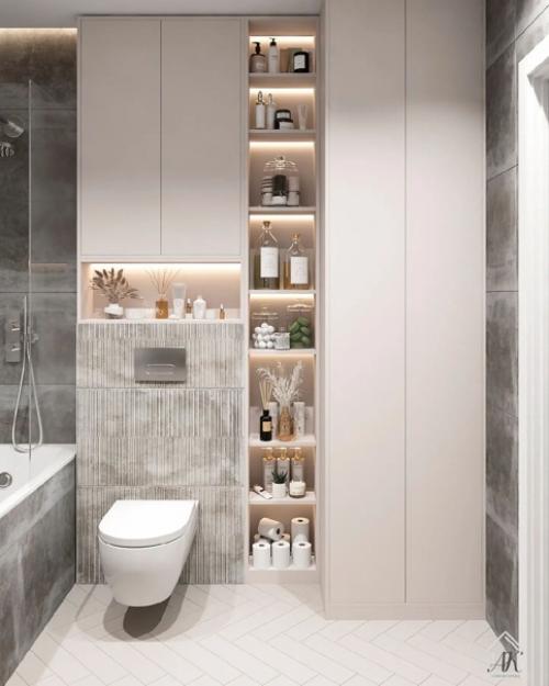 Чтобы создать неповторимый дизайн ванной порой достаточно использовать в отделке комнаты не одну модель и размер плитки, а несколько. 03