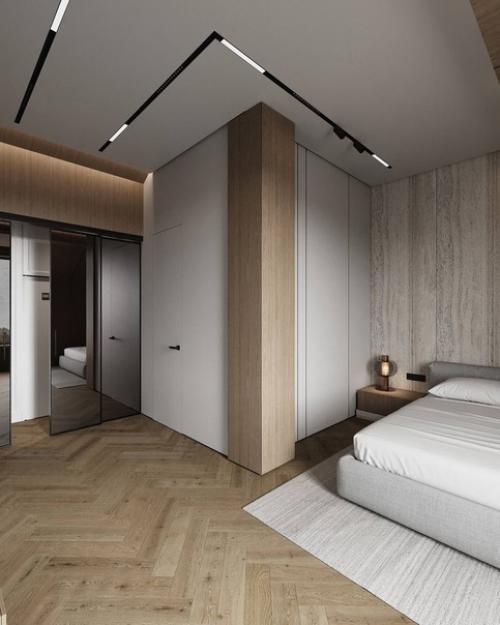 Спальня в лаконичном стиле и светлых тонах площадью 19 m. 01