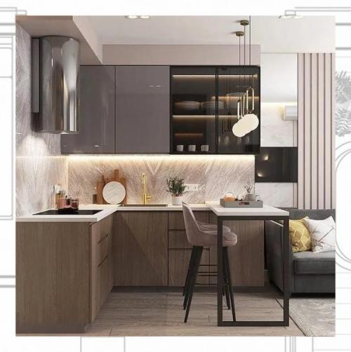 Холодный серый и тёплый пудровый - прекрасное сочетание оттенков для оформления интерьера кухни - гостиной в современном стиле. 02