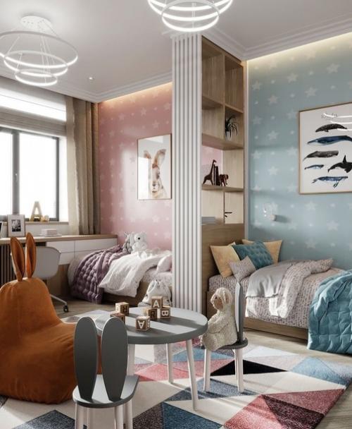 В том случае, если детей двое, а комната одна, можно также красиво и органично спроектировать интерьер. 06