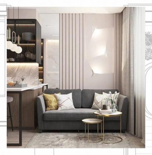 Холодный серый и тёплый пудровый - прекрасное сочетание оттенков для оформления интерьера кухни - гостиной в современном стиле. 05