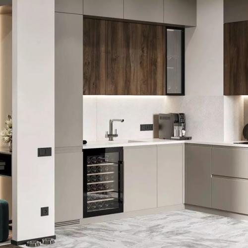 Лаконичное пространство кухни - гостиной с чистыми четкими линиями. 01