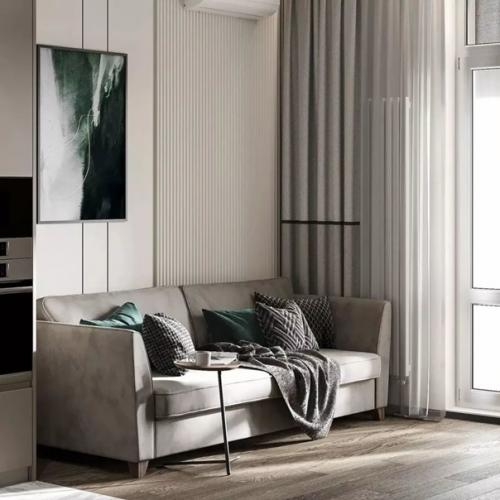 Лаконичное пространство кухни - гостиной с чистыми четкими линиями. 03